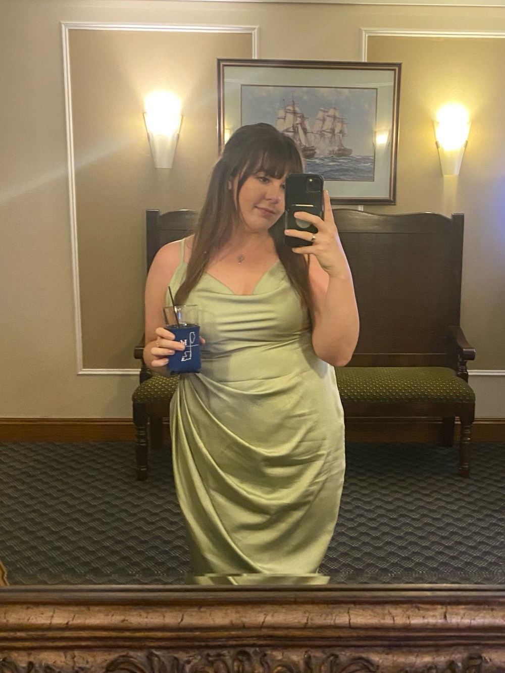 SHEIN Sage Green Satin Cowl Midi Slip Dress